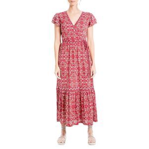 Max Studio Red Floral Parisian Boho Beach Vacation Tiered Faux Wrap Midi Dress